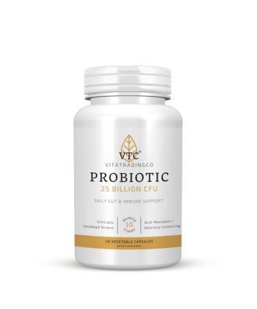 VTC VitaTradingCo. Probiotic 25 Billion CFU | 10 Clinically Validated Strains | Naturally Colonizing | Daily Gut Digestive & Immune Support | 50 Veggie Capsules
