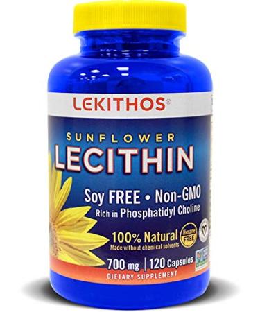 Lekithos 100% All-Natural Sunflower Lecithin Capsules - 120 Count - Cold Pressed (Solvent Free) - Non-GMO Project Verified - Certified Vegan - Rich in Phosphatidyl Choline