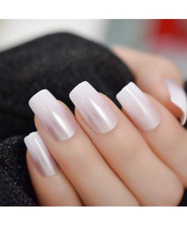 EchiQ Pearl Shine Glossy Fake Nails - Shimmer White Square French Ombre Gradient Faux Ongles Medium Fingernails - Buy Online on GoSupps.com