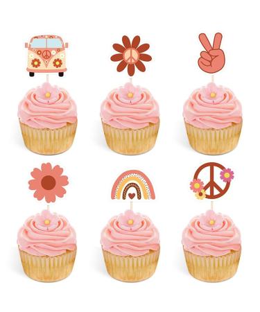 Keaziu 24 Pack Hippie Theme Cupcake Toppers Peace Sign Hand Cupcake Picks 60s Theme Flower Boho Rainbow Birthday Party Supplies Red