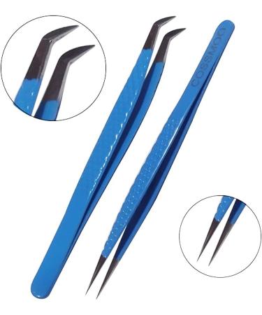 2 Pieces Diamond Grip Eyelash Tweezers Professional Set- COSSMOO Straight And Angled Curved L-Shape Volume Tweezers For Lashes Extension Pointed Individual Application Tweezers For False Lash - Buy Online on GoSupps.com
