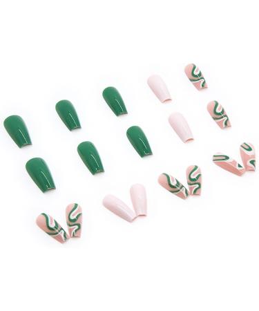Justotry 24 Pcs Long Emerald Green Swirl Press On Nails | Coffin Patterns Nude Ballerina Stick on Nails | Acrylic False Nails with Glue for Women - Buy Online on GoSupps.com