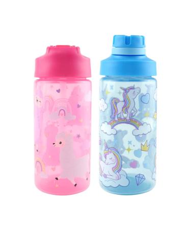 Koohot 15oz Kids Water Drinking Bottle - BPA Free Flip Straw Cap Carry Loop Chug Lid Wide Mouth Lightweight Leak-Proof with Cute Design for Girls & Boys 2 Pack - Alpaca/Unicorn Alpaca+Unicorn