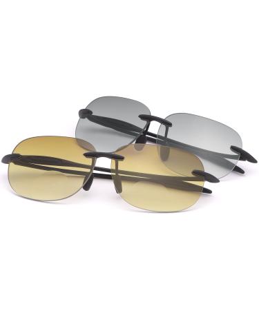 Miryea 2 pairs of borderless bifocal reading glasses UV400 protection sunglasses for women and men classic vintage glasses black and brown 2.0 x