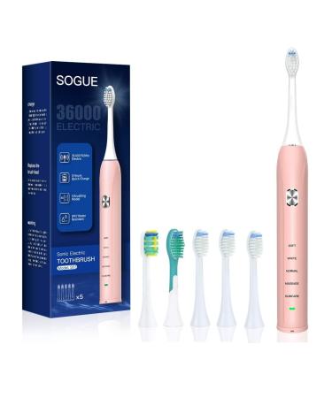 Electric Toothbrush for Adult, Sonic Brush SOGUE S53 Pink, 5 Heads 5 Made, IPX7, 60 Days S53-5 Pink
