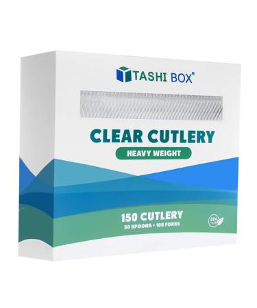 TashiBox Heavyweight clear plastic cutlery (100 Forks + 50 Spoons)
