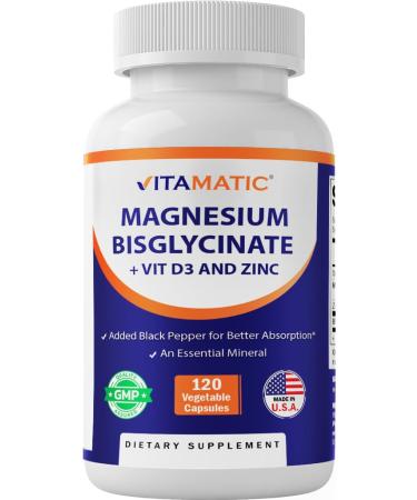 Vitamatic Magnesium (from Bisglycinate & Oxide) with Vitamin D3 & Zinc - 120 Veg Capsules - Supports Muscle, Joint, Nerve & Heart Health Non-GMO, Gluten-Free 120 Count (Pack of 1)