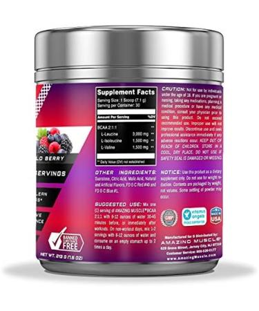 BCAA 2:1:1 - 6 000 MG Branched Chain Amino Acids for Lean Muscle Recovery & Endurance | Wild Berry Flavor | 30 Servings - Boost Performance - Buy Online on GoSupps.com