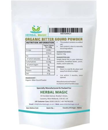 Herbal Magic's Organic Bitter Gourd Powder-Great Green Vegetable-Also Known as Karela Bitter Melon Balsam-pear. Free from Fillers & Preservatives- of&G UK Organic Certified- 200g (Pack of 1) 200 g (Pack of 1) - Buy Online on GoSupps.com