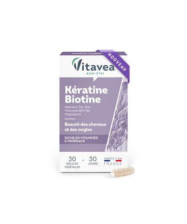 VITAVEA BIEN-ETRE - Biotin Keratin - Hair and Nail Care Food Supplement - Purple (Vitamin B8), Zinc, Selenium Vitamins B5 and B6-30 capsules - 1 month - Made in France