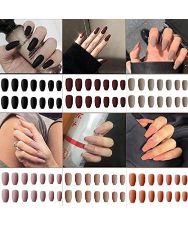 6 Packs (144 Pcs) Matte Coffin Press on Nails Medium Length Acrylic Short False Nails Set Artificial Nails Fake Solid Color with Adhesive Tabs Nail File for Women