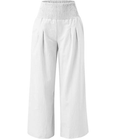FUAIOKT Linen Wide Leg Beach Palazzo Pants for Women - High Waisted, Casual, Flowy, Smocked Lounge Trousers | S-5XL | A-White - Small - Buy Online on GoSupps.com