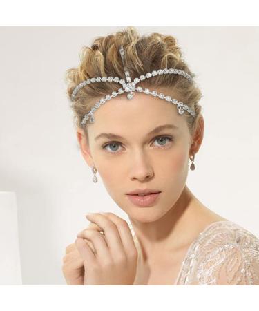 Flatser Vintage Crystal Wedding Head Chain Silver Layered Headpiece Chain Bride Princess Prom Wedding Hair Accessories for Women and Girls