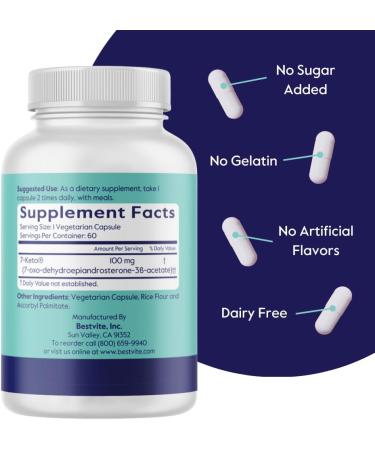 BESTVITE 7-Keto 100mg DHEA (60 Vegetarian Capsules) - No Stearates - Vegan - Non GMO - Gluten Free - Supports Energy Metabolism* - Easy to Swallow Capsules 1 Count (Pack of 60) - Buy Online on GoSupps.com
