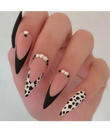 Justotry 24 pieces cow print stiletto nails for sticking on black French french artificial nails matt almond art nails press on nails pretty fingernails finger nails for women white & stiletto1 - Buy Online on GoSupps.com