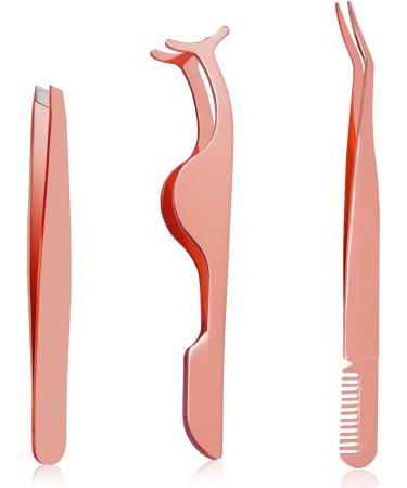 3 Styles Eyelash Tweezers Set Stainless Steel Eyebrow Tweezers Eyelash Curler Eyelash Applicator Tool Eyelash Tweezers Suitable for Beginners Girls and Makeup Artist Gold