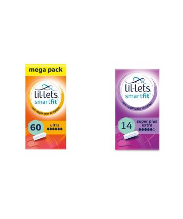 Lil-Lets Non-Applicator Ultra Tampons X 60 | 6 Packs of 10 | Extremely Heavy Flow & Non-Applicator Super Plus Extra Tampons 1 Pack of 14 Very Heavy Flow + Super Plus Extra Tampons 1 Pack of 14