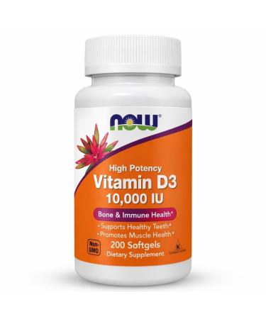 NOW Foods Supplements Vitamin D-3 10 000 IU Highest Potency Structural Support* 200 Softgels 200 Count (Pack of 1)
