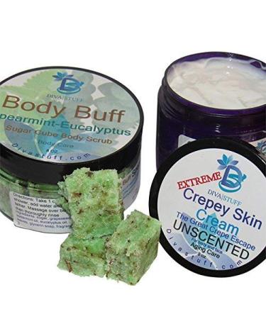 Extreme Crepey Skin Body & Face Cream(unscented) & Exfoliating Sugar Scrub (spearmint eucalyptus) Set With Hyaluronic Acid Alpha Hydroxy and More