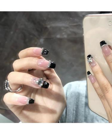 French Tip Press on Nails - Long Square Press On Nails with Nail Tips Love Diamond Chain Design Black press on nails Acrylic False Nails Cute Artificial Nails - Buy Online on GoSupps.com