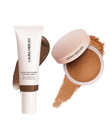 Laura Mercier Tinted Moisturizer Natural Dewy with SPF 30 24HR+ Hydration Shade 6N Umber and Translucent Loose Talc-Free Setting Powder Ultra-Blur: Hyaluronic Acid Infused Shade Medium Deep Bundle