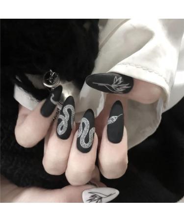 24Pcs Long Coffin Snake Fake Nails with Glue - Black/White French Tips - Buy Online on GoSupps.com