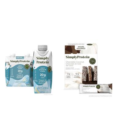 Simply Protein Ready-To-Drink Vanilla Plant Protein Shake 330mL Bottle Pack of 4 High Protein & Chocolate Coconut Protein Bars Gluten Free Vegan High Protein Snacks 4 Count