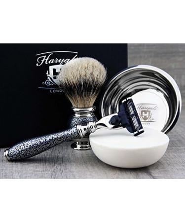 5Pc Men's Shaving Kit | 3 Edge Razor Silver Tip Badger Brush Soap & Bowl - Perfect Grooming Set - Buy Online on GoSupps.com