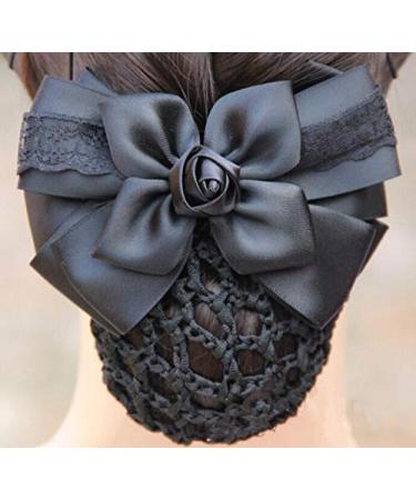 Black Bowknot Hair Bun Cover Net - Satin Ribbon French Clip for Women - Hair Accessories for Stewardess, Banks, Hotels - Buy Online on GoSupps.com