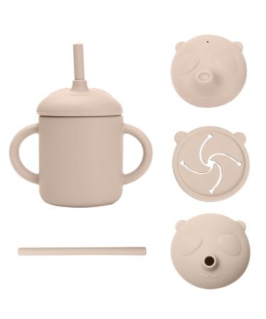 let's make Toddler Straw Cup Snack Cup Baby Bottle Food Grade Silicone Sippy Cup No-Spill Snack Catcher Food Cup with 2 Handles BPA Free Unbreakable Trainer Cup for Babies Toddlers and Infants Beige With Three Covers
