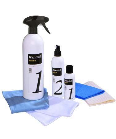 Professional bathroom sealing set with lotus effect nano sealing nanotol sanitary set with cleaner & protector + microfiber cloth for lime protection for shower cubes ceramics tiles-set m "m" is enough for 40 m