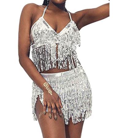 KAKACO Belly Dance Skirt with Crop Top Sequins Fringe Skirts Set Rave Dance Bra Top Party Costume Outfits for Women and Girls Silver