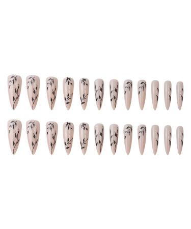 Spring Black Leaf Almond Fake Nails Set - 24Pcs with Nail Glue | Simple Leaves Design for Women and Girls - Buy Online on GoSupps.com