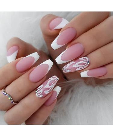 French Tip Press on Nails - Long Square Press On Nails with Nail Tips petal Dot drill Design Glossy meat pink press on nails Acrylic False Nails Cute Artificial Nails