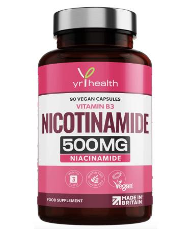 Vitamin B3 Nicotinamide Niacinamide 500mg - 90 Vegan Niacin B3 Capsules Flush Free for Skin Energy Yielding Metabolism Tiredness & Fatigue One A Day 3 Months Supply - Made in The UK by YrHealth - Buy Online on GoSupps.com