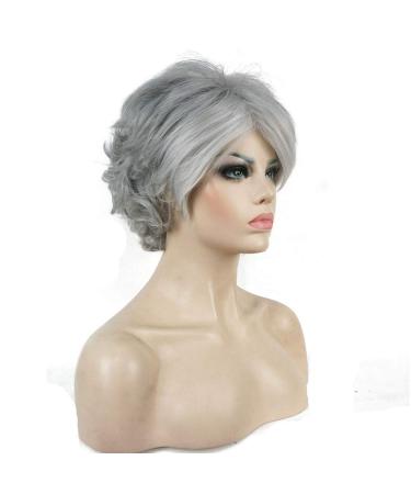 SHIYID Women's Silver Gray Mix Short Curly Natural Wig Synthetic Heat Resistant Fiber Full Wigs