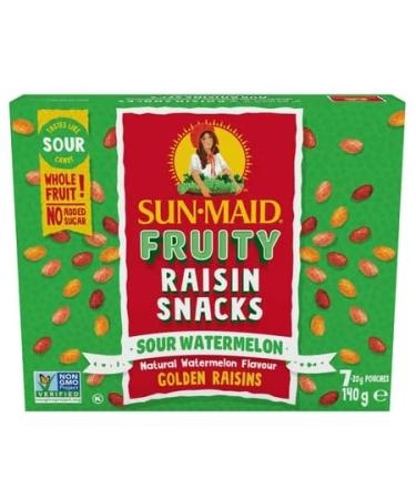 Sour Watermelon Flavoured Raisins Snack Bundle. Sun-Maid Fruity Raisin Snacks Sour Watermelon Flavour (140g box 7 pouches) with BIG MAPLE Trivia Cards to Enjoy with Your Snack. Taste like Sour Candy