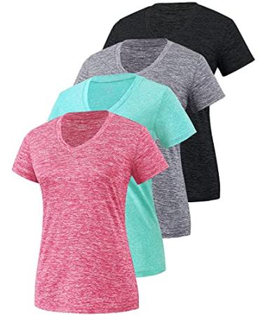 Xelky 3-4 Pack Women's Dry Fit Tshirt Short Sleeve Moisture Wicking Athletic Shirts Sport Activewear Tee V Neck Workout Top 4 Pack Mixblack/Gray/Cyan/Rose X-Large