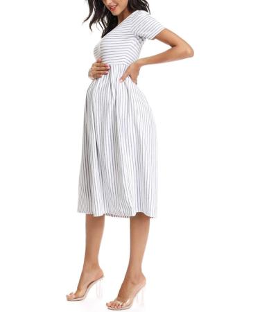 Love2Mi Short-Sleeve Maternity Dress XL - White Grey Stripe | Casual A-Line Midi Pregnant Dress - Buy Online on GoSupps.com