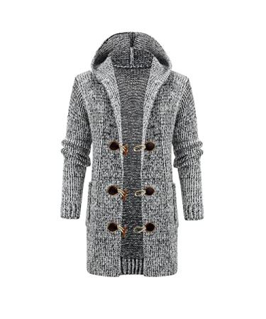 GXLONG Men's Vintage Knitted Cardigan Long Winter Trench Coat with Hood Long Sleeve Cardigan Sweaters with Pockets X-Large Gray