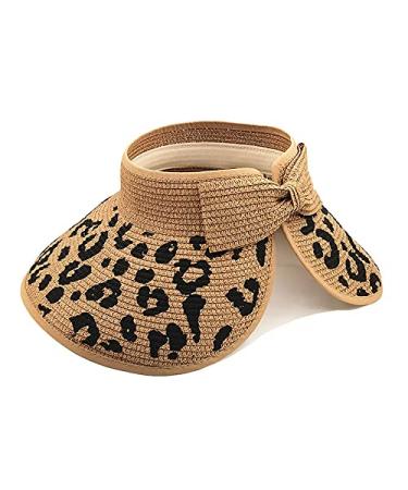LABANCA Girls Leopard Sun Visor UPF 50+ UV Protection Wide Brim Beach Sun Visor Hat Braided Straw Roll-up Summer Hat 06215 Khaki