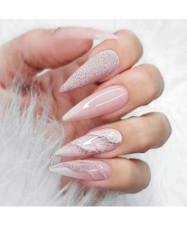 YoYoee Stiletto Luxury False Nails Long Marble Nails Press on Nails Glitter Acrylics Full Cover Gradient Fake Nails Tips for Women and Girls 24PCS gorgeous16