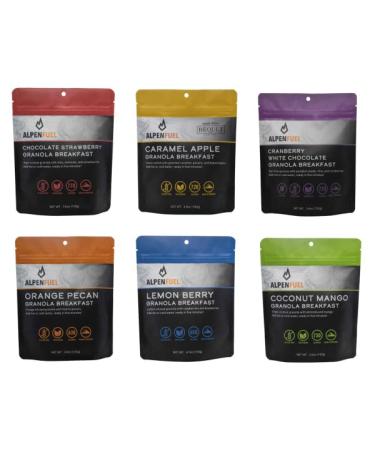 Alpen Fuel Variety 6 Pack - delicious taste - camping and backpacking food - with powdered milk - Gluten Free - quick prep - low sodium - Vegetarian (contains 1 pouch each of Caramel Apple Cranberry White Chocolate Chocolate Strawberry Orange Pecan Coconu