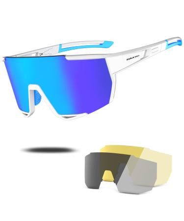 HAAYOT Polarized Cycling Glasses,Baseball Sunglasses for Men Women,Sports Running Biking MTB Fishing Sunglasses 3 Lenses White & Blue