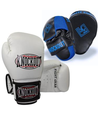 Boxing Gloves and Pads Focus Mitts Set for Kickboxing, Muay Thai MMA Training, Fitness Kit with Punching Pads for Martial Arts White/Blue 8 oz