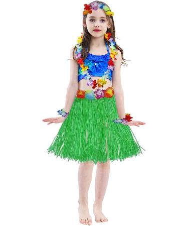 Girls Elastic Hawaiian Hula Dancer Grass Skirt with Flower Costume Set - Green | [Brand Name] - Buy Online on GoSupps.com