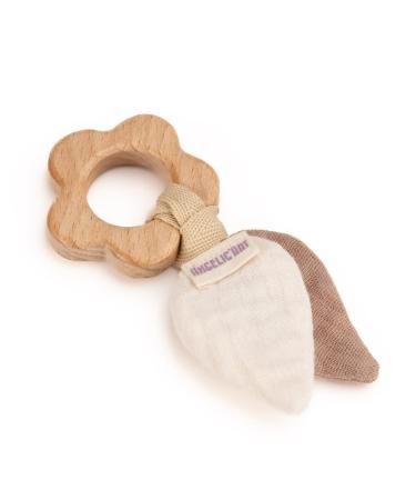 AngelicArt - Baby teething rings made of wood bite-proof muslin fabric/cotton - cute wooden animals - natural (flower - natural)