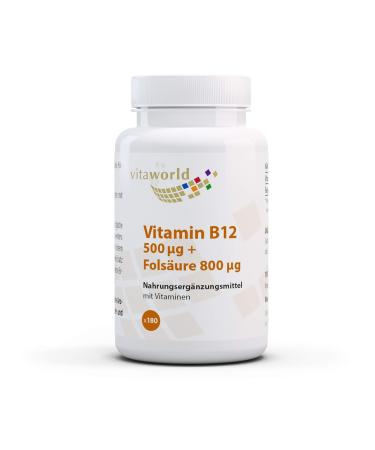 Vita World Vitamin B12 500 µg + Folic Acid 800 µg 180 Vegan/Vegetarian Tablets Made in Germany