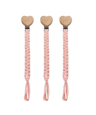 Pack of 3 pacifier chains cotton pacifier strap baby pacifier chains for newborn girls and boys bibs (pink)