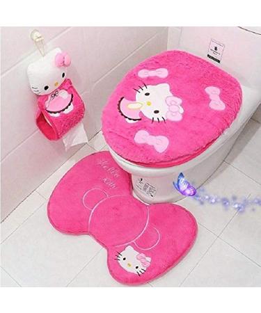 eliphs 4PCS Hello Kitty Bathroom Set Toilet Cover WC Seat Cover Bath Mat Holder Pink/Rose Red (Rose Red)